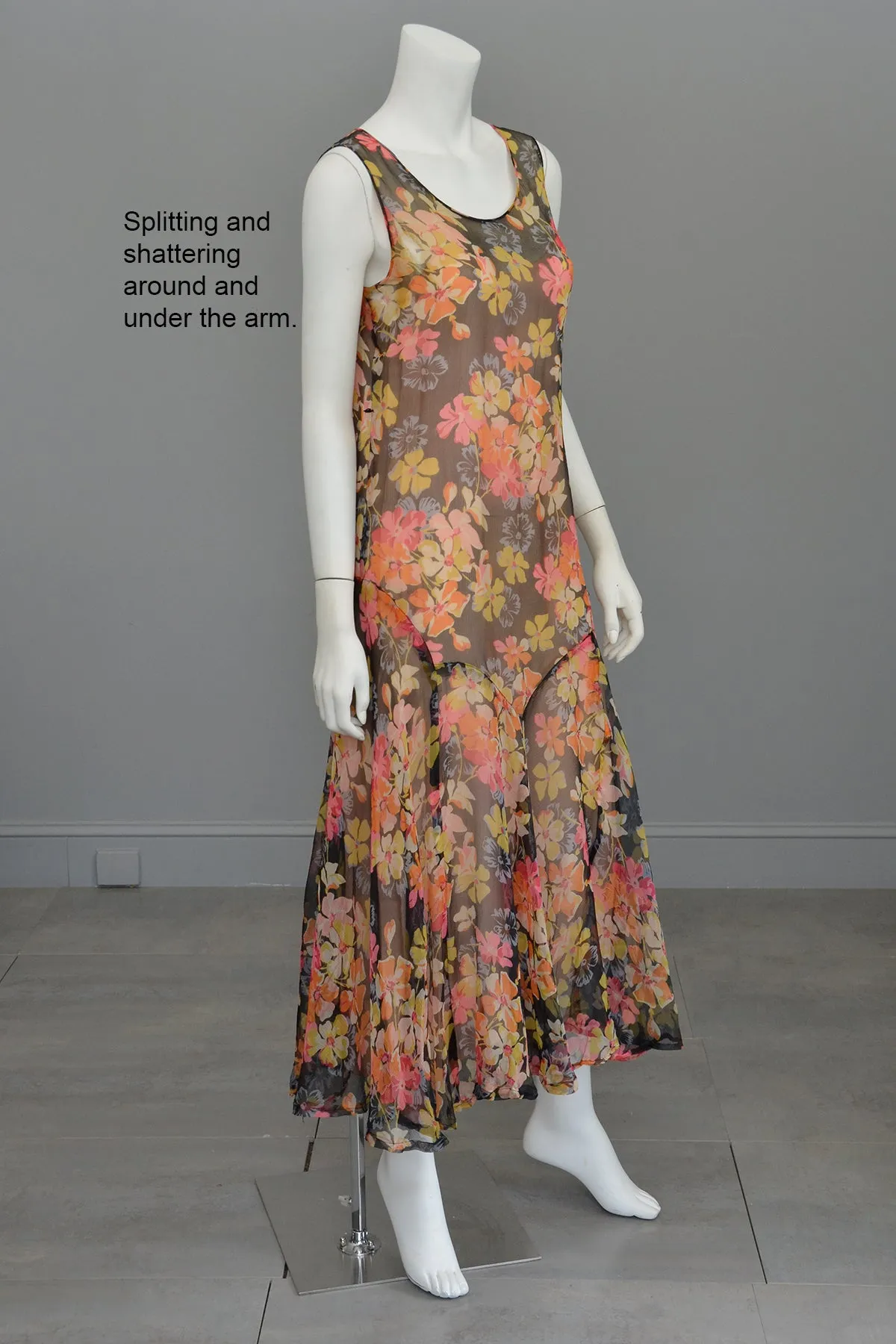 1920s 30s Pink Yellow Floral Print on Charcoal Grey Chiffon Flapper Dress | Restoration needed