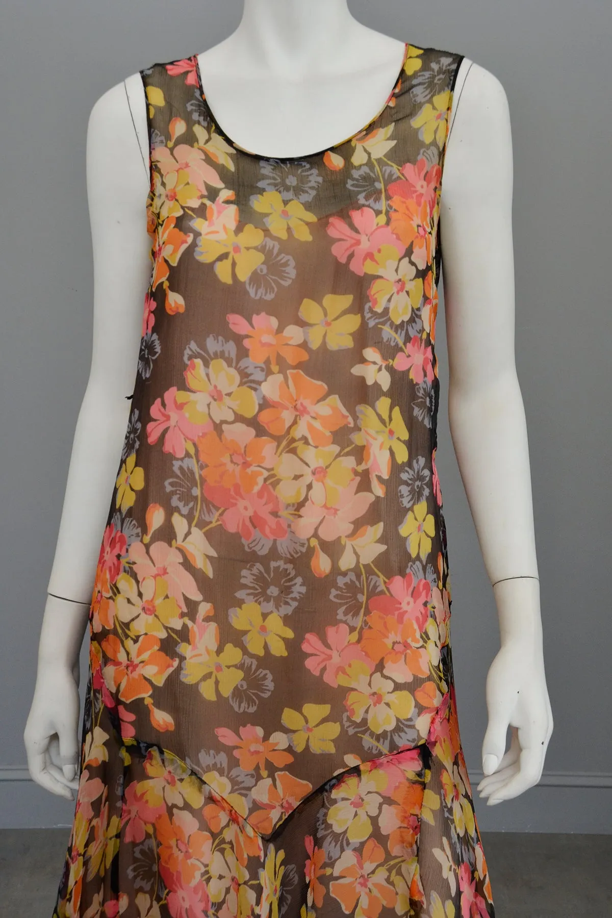 1920s 30s Pink Yellow Floral Print on Charcoal Grey Chiffon Flapper Dress | Restoration needed