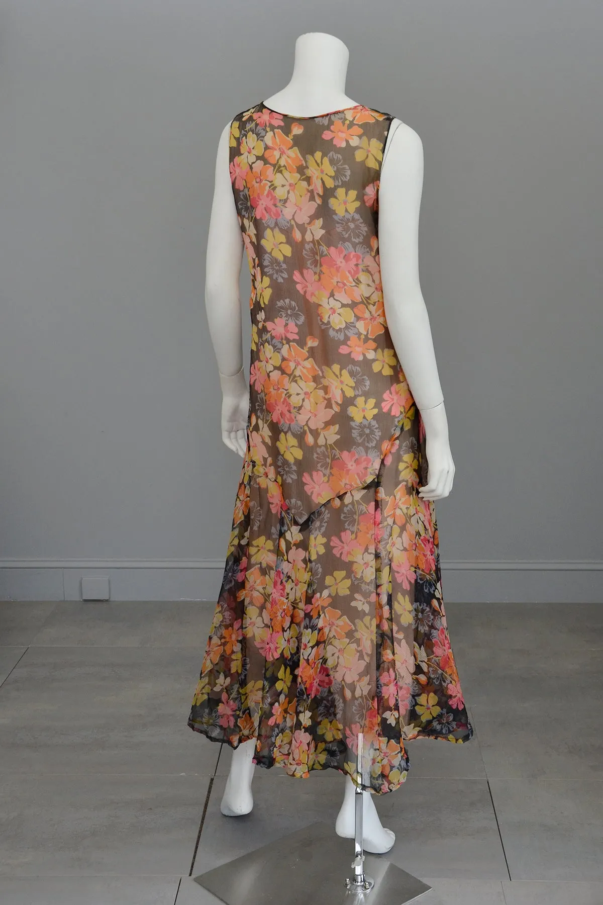 1920s 30s Pink Yellow Floral Print on Charcoal Grey Chiffon Flapper Dress | Restoration needed