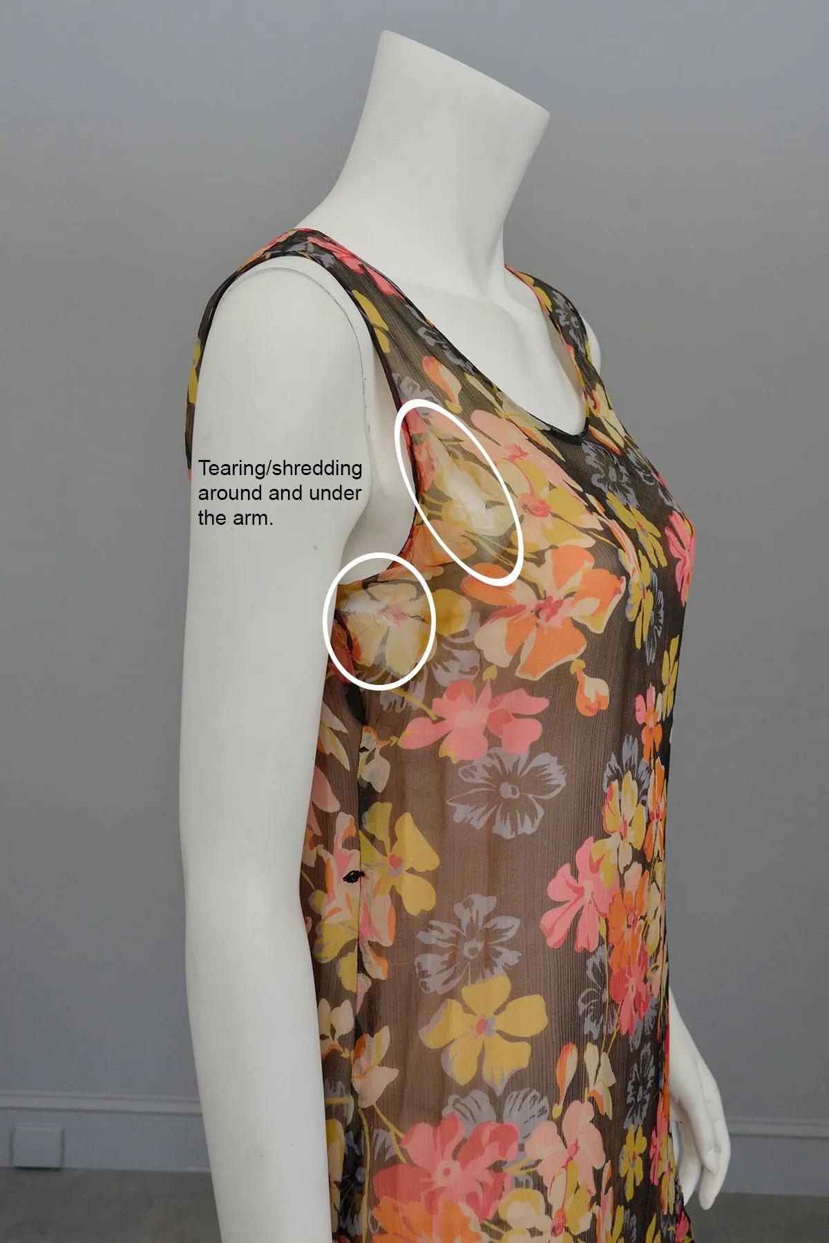 1920s 30s Pink Yellow Floral Print on Charcoal Grey Chiffon Flapper Dress | Restoration needed