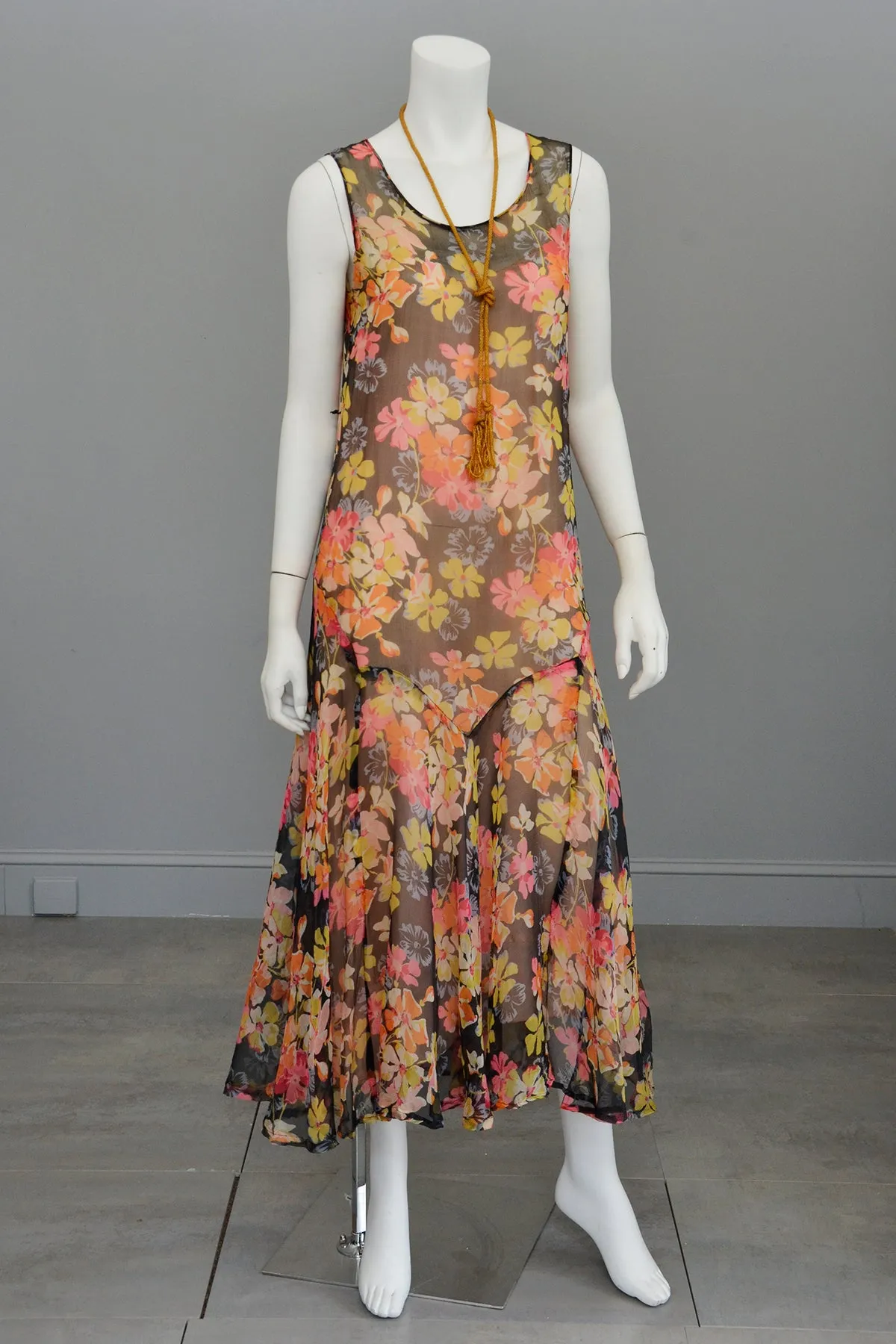 1920s 30s Pink Yellow Floral Print on Charcoal Grey Chiffon Flapper Dress | Restoration needed