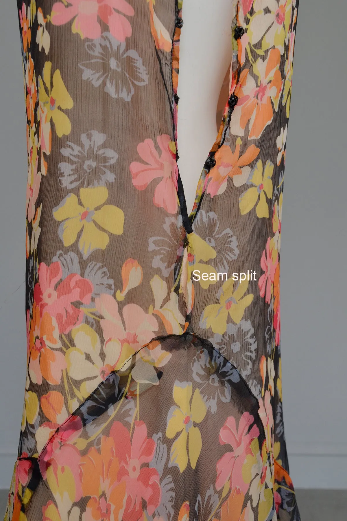 1920s 30s Pink Yellow Floral Print on Charcoal Grey Chiffon Flapper Dress | Restoration needed