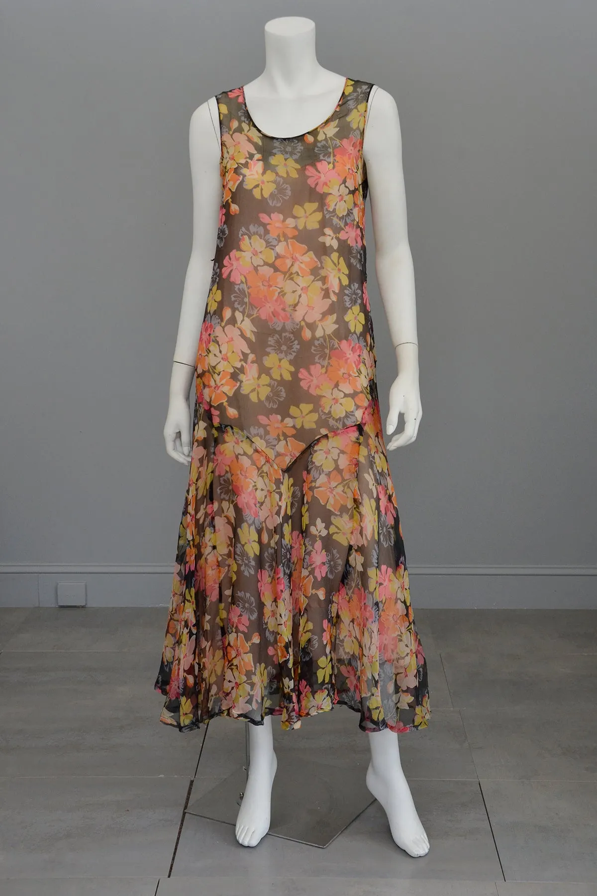 1920s 30s Pink Yellow Floral Print on Charcoal Grey Chiffon Flapper Dress | Restoration needed