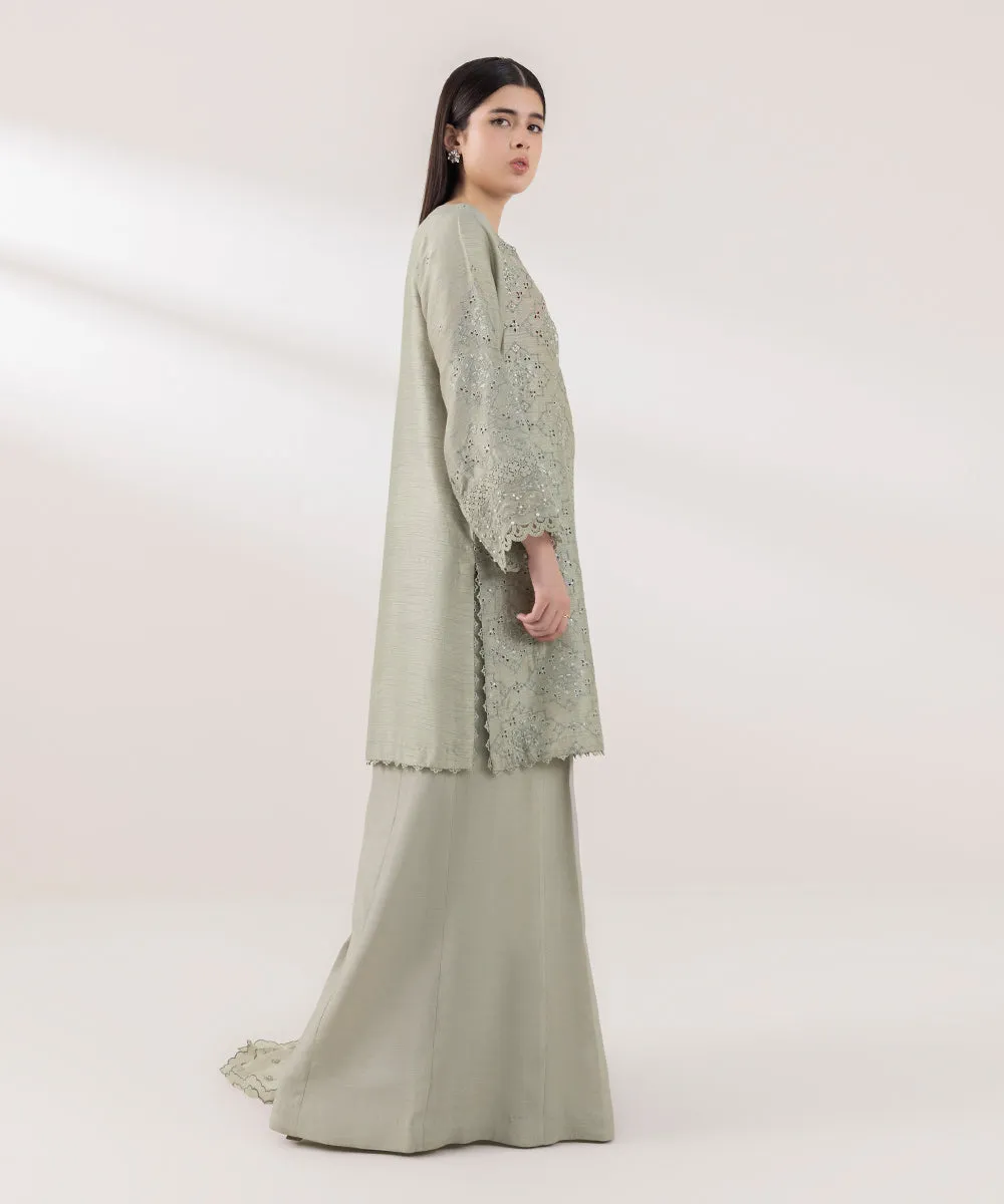 3 Piece - Embroidered Raw Silk Suit