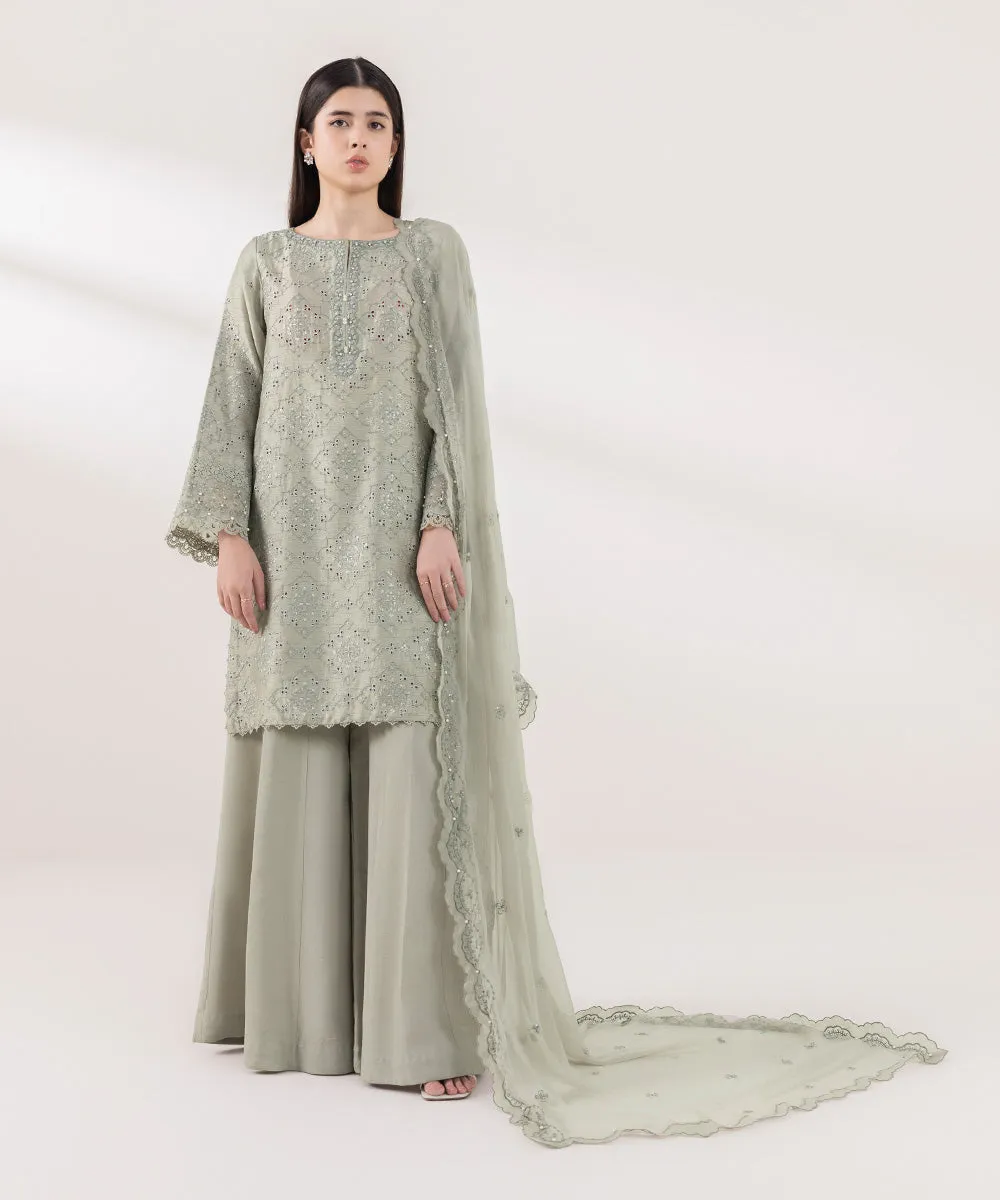 3 Piece - Embroidered Raw Silk Suit