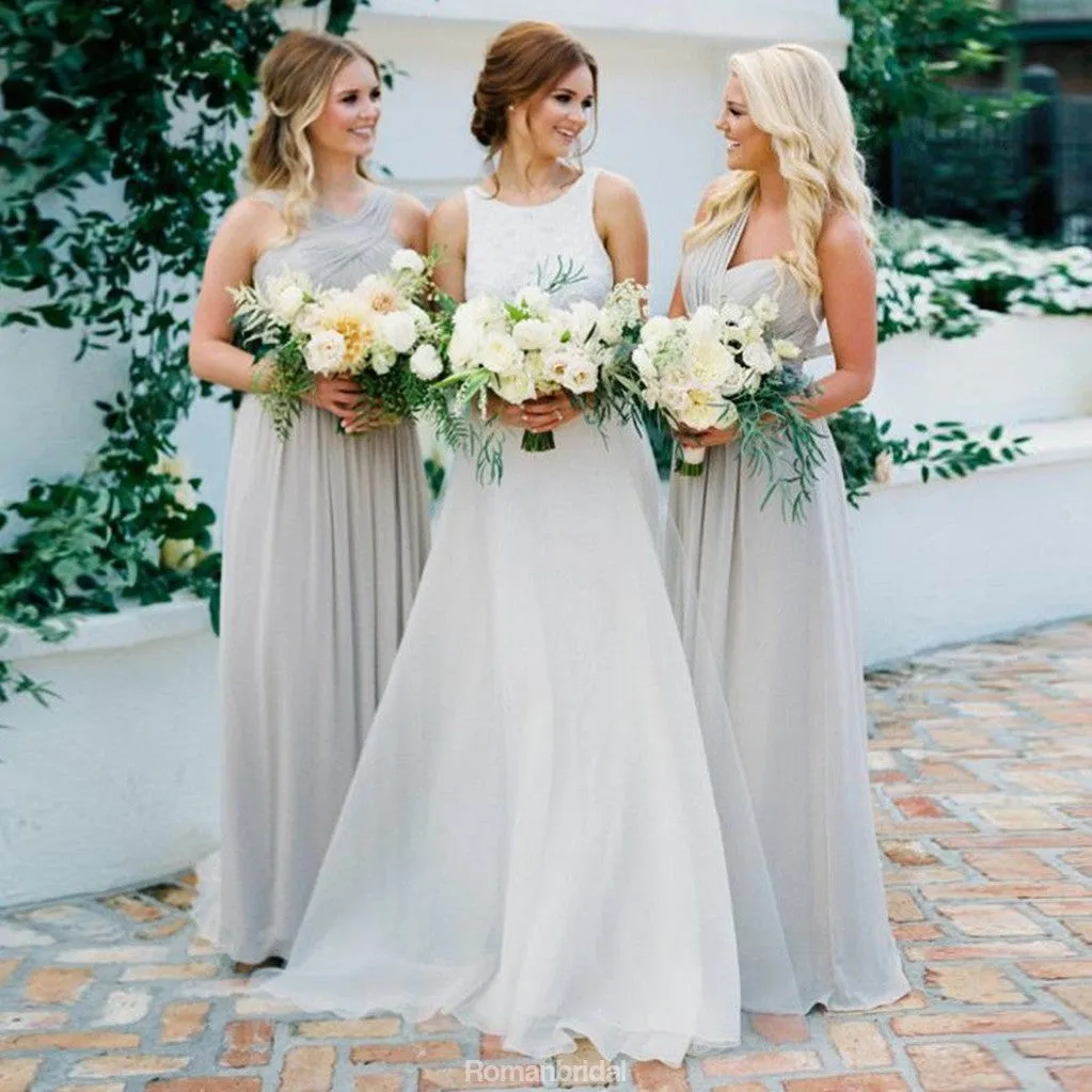 A-Line Floor-length V-Neck Light Grey Chiffon Long Bridesmaid Dresses, BD0463