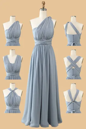 A Line One Shoulder V Neck Halter Neck Floor Length Grey Blue Bridesmaid Dress