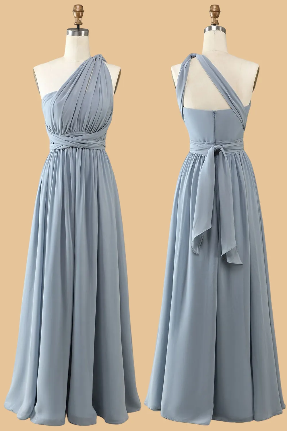 A Line One Shoulder V Neck Halter Neck Floor Length Grey Blue Bridesmaid Dress