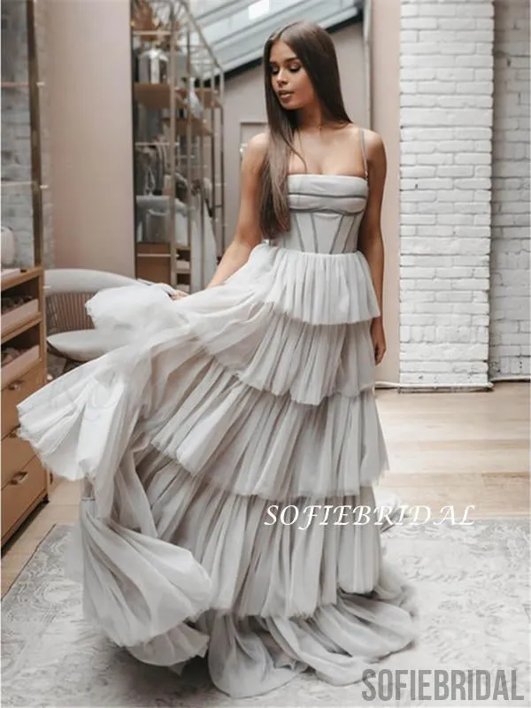 A-line Spaghetti Straps Light Grey Tulle Prom Dresses, PD1053