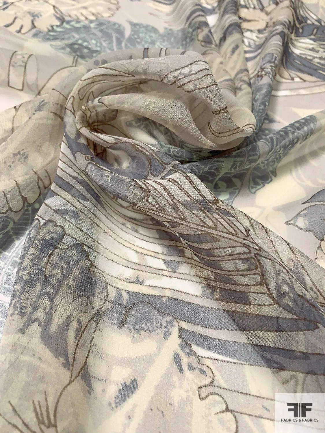 Abstract Leaf Printed Silk Chiffon - Stone / Grey / Mint