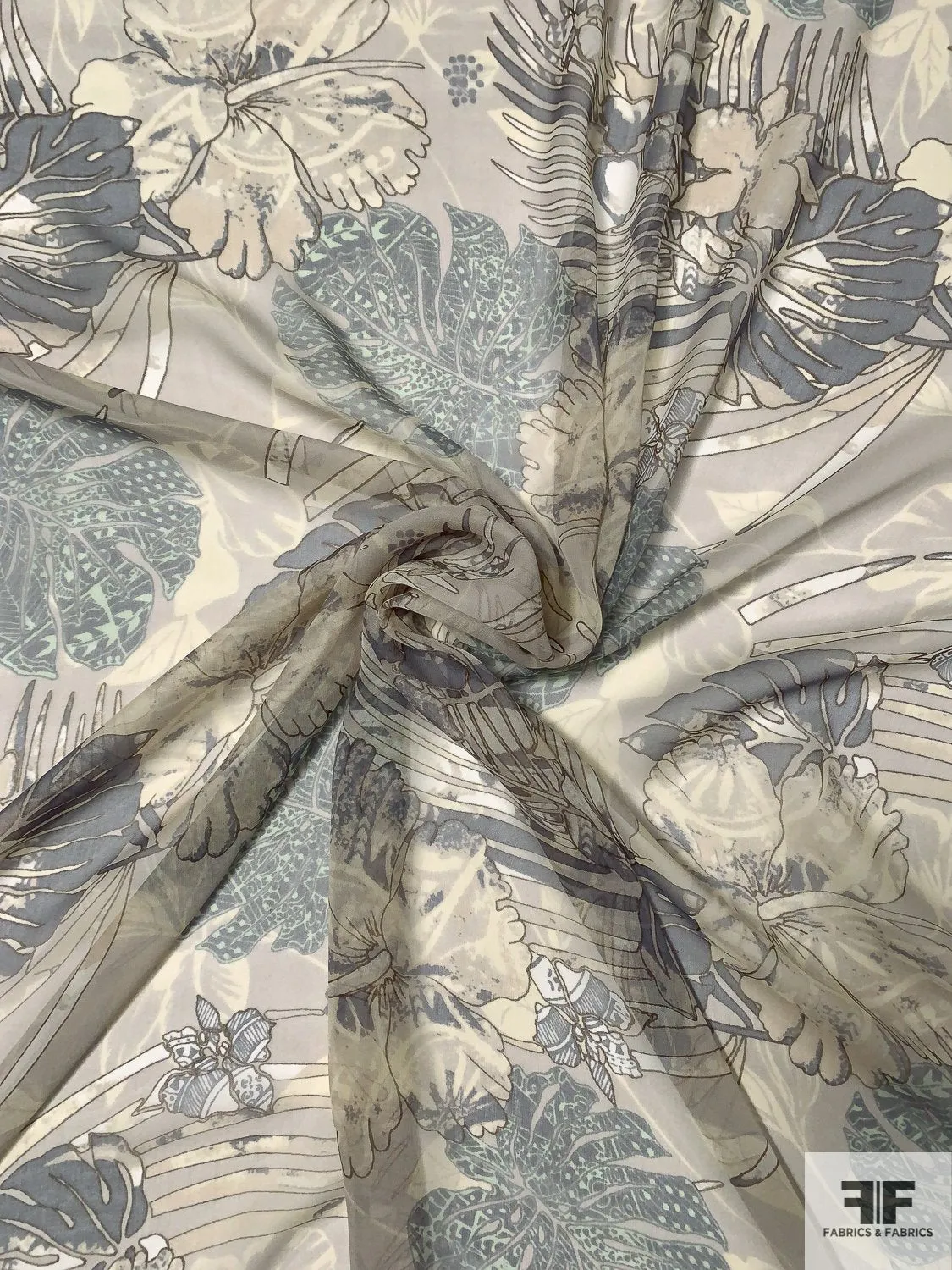 Abstract Leaf Printed Silk Chiffon - Stone / Grey / Mint