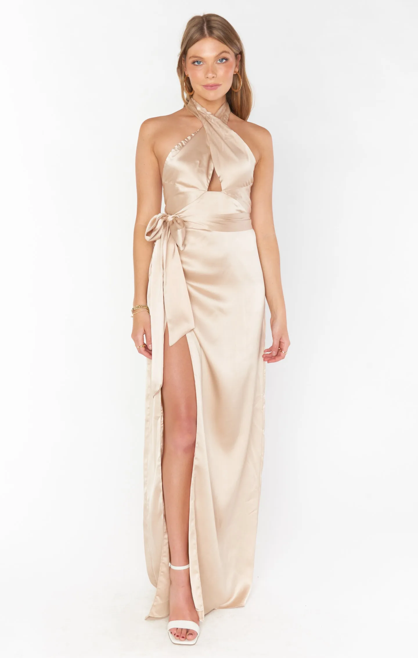 Adele Halter Maxi Dress ~ Champagne Luxe Satin