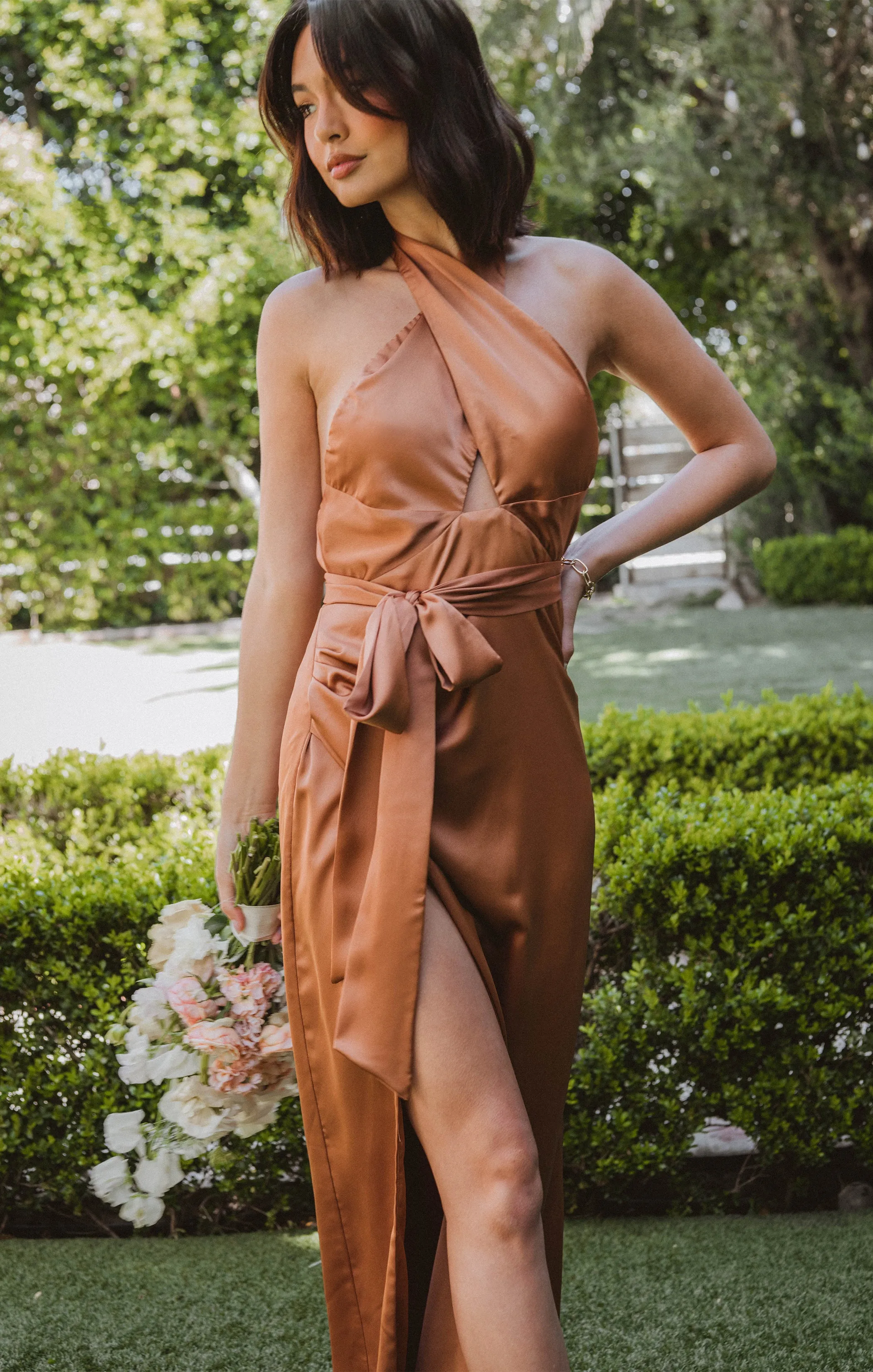 Adele Halter Maxi Dress ~ Copper Luxe Satin