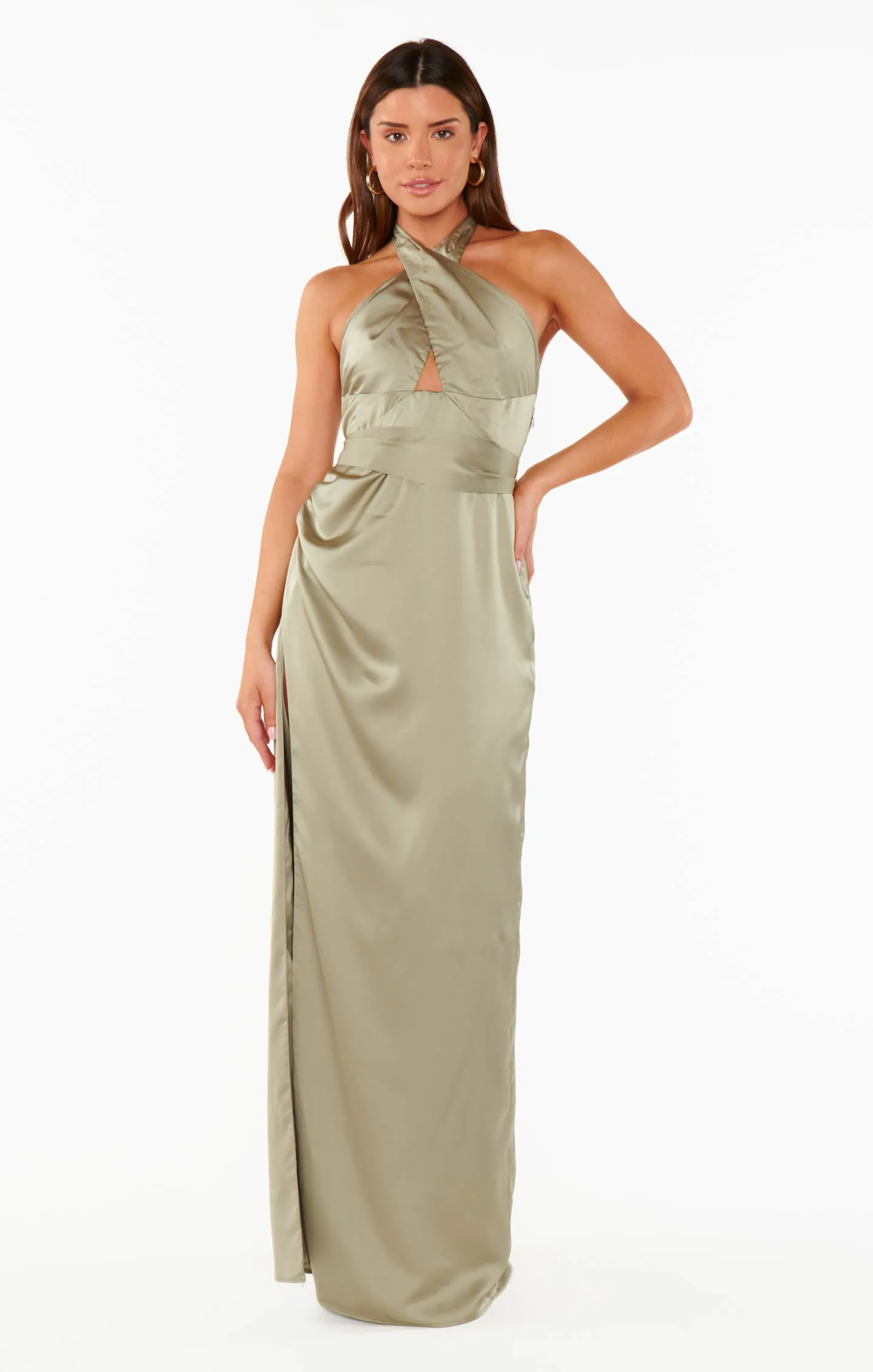 Adele Halter Maxi Dress ~ Moss Green Luxe Satin