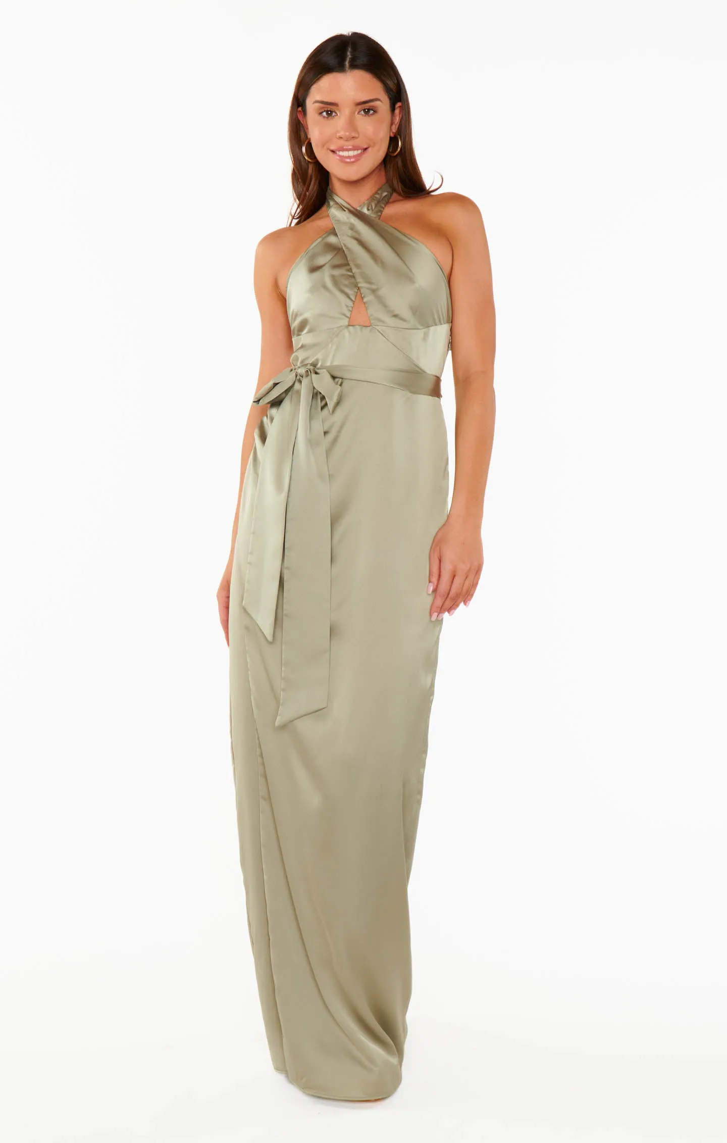 Adele Halter Maxi Dress ~ Moss Green Luxe Satin