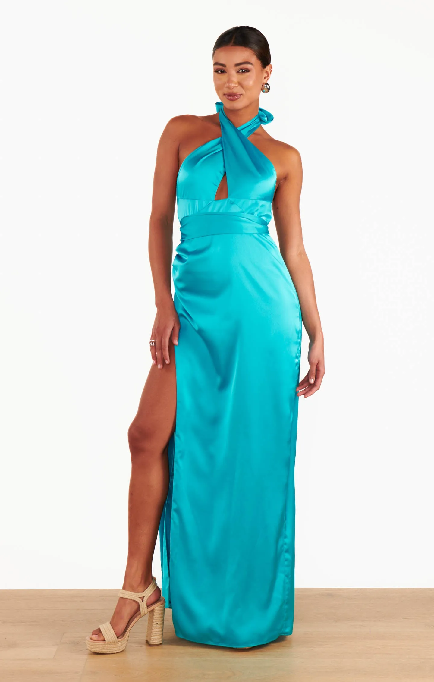 Adele Halter Maxi Dress ~ Teal Luxe Satin