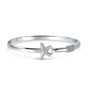 Beach Starfish Created Blue Opal Bangle Bracelet .925 Sterling Silver