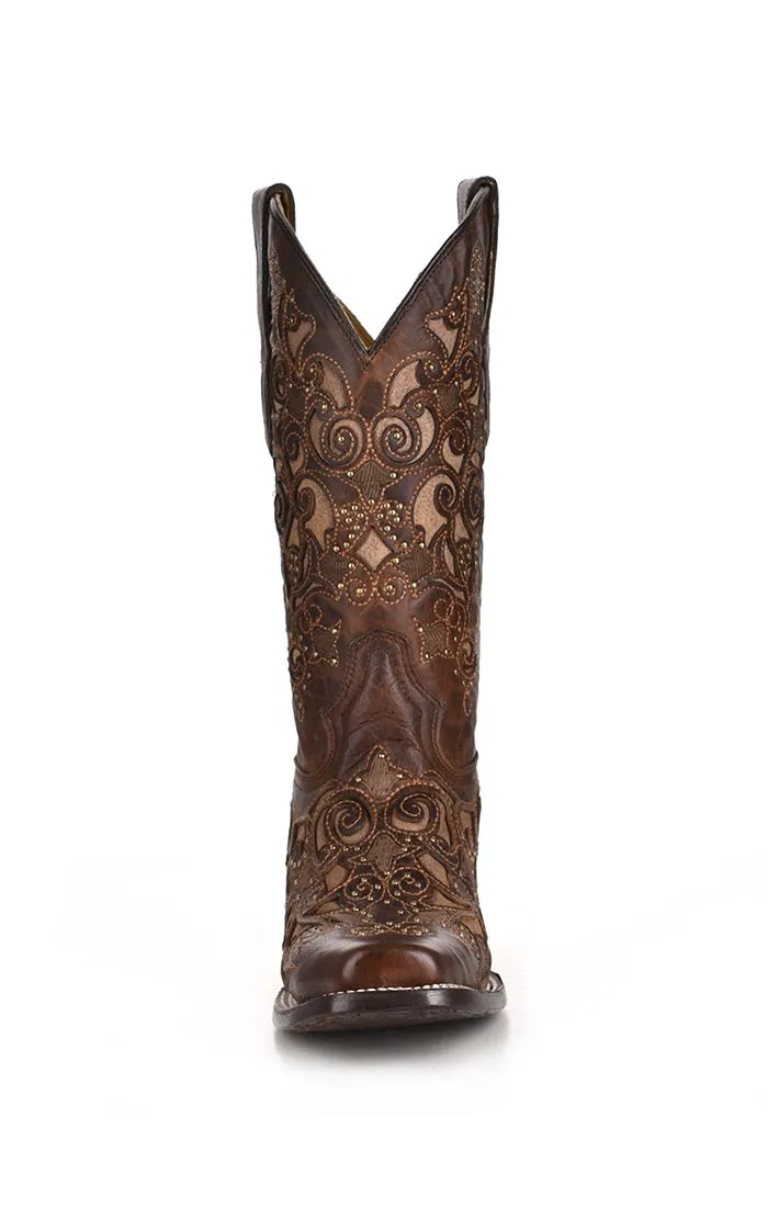 Brown Inlay Studs & Embroidery Western Boot - Corral Boots at Bourbon Cowgirl