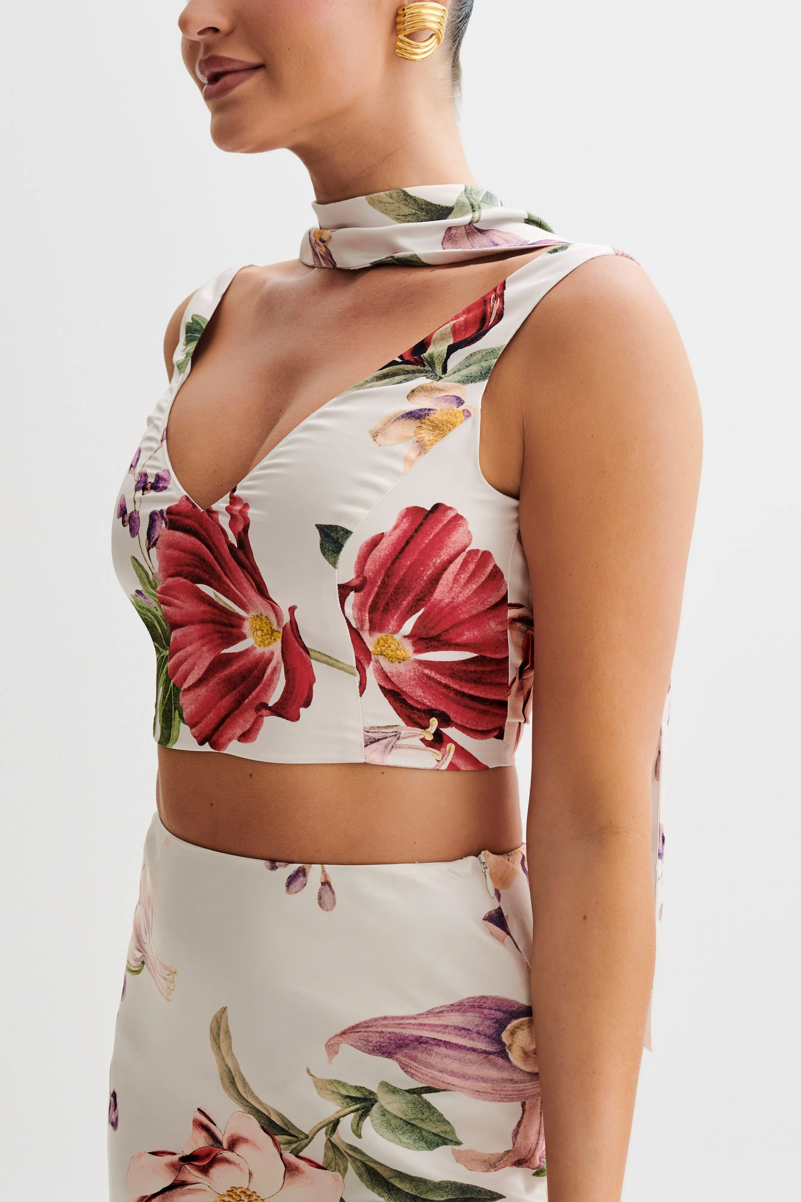 Carla Satin Sleeveless Top With Scarf - Bella Rosa Print