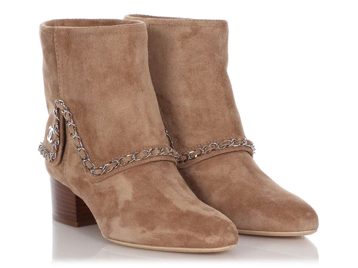 Chanel Brown Suede Chain Link Ankle Boots