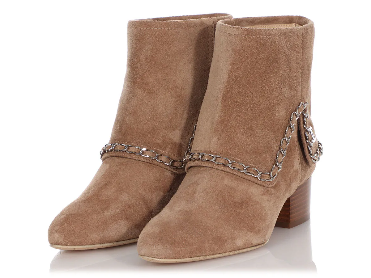 Chanel Brown Suede Chain Link Ankle Boots