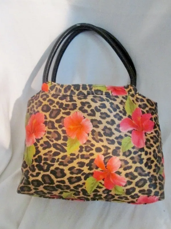 COSTA BLANCA SPAIN Leather Leopard Satchel TOTE Bag Clutch LEOPARD FLORAL