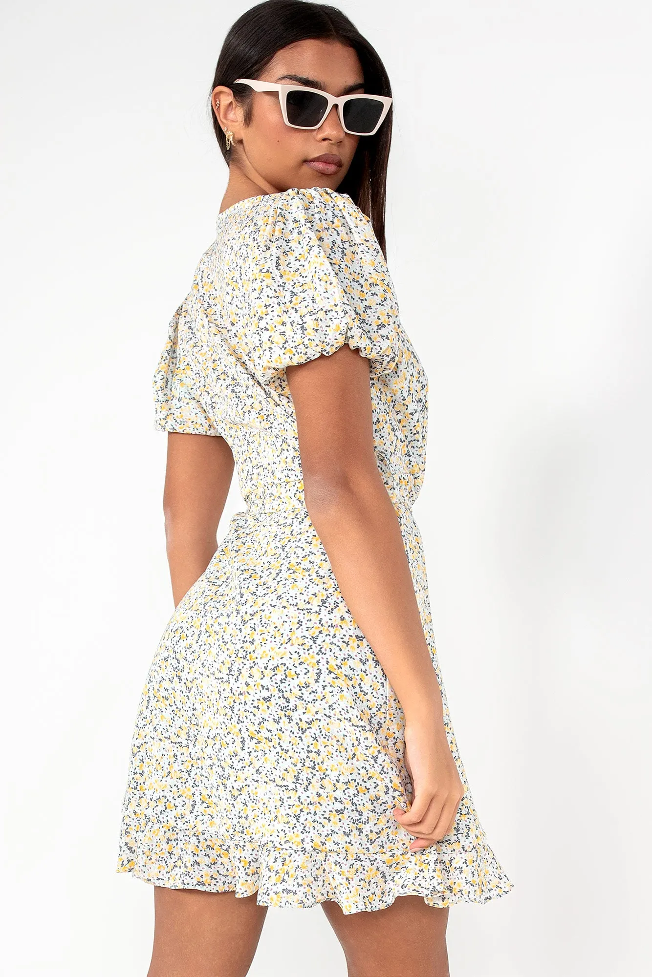 Everlee Yellow Ditsy Print Wrap Dress