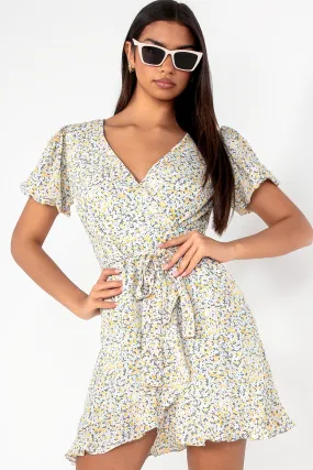 Everlee Yellow Ditsy Print Wrap Dress