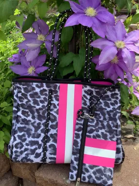 Grey/Black Leopard Neoprene Tote with Pink Stripe