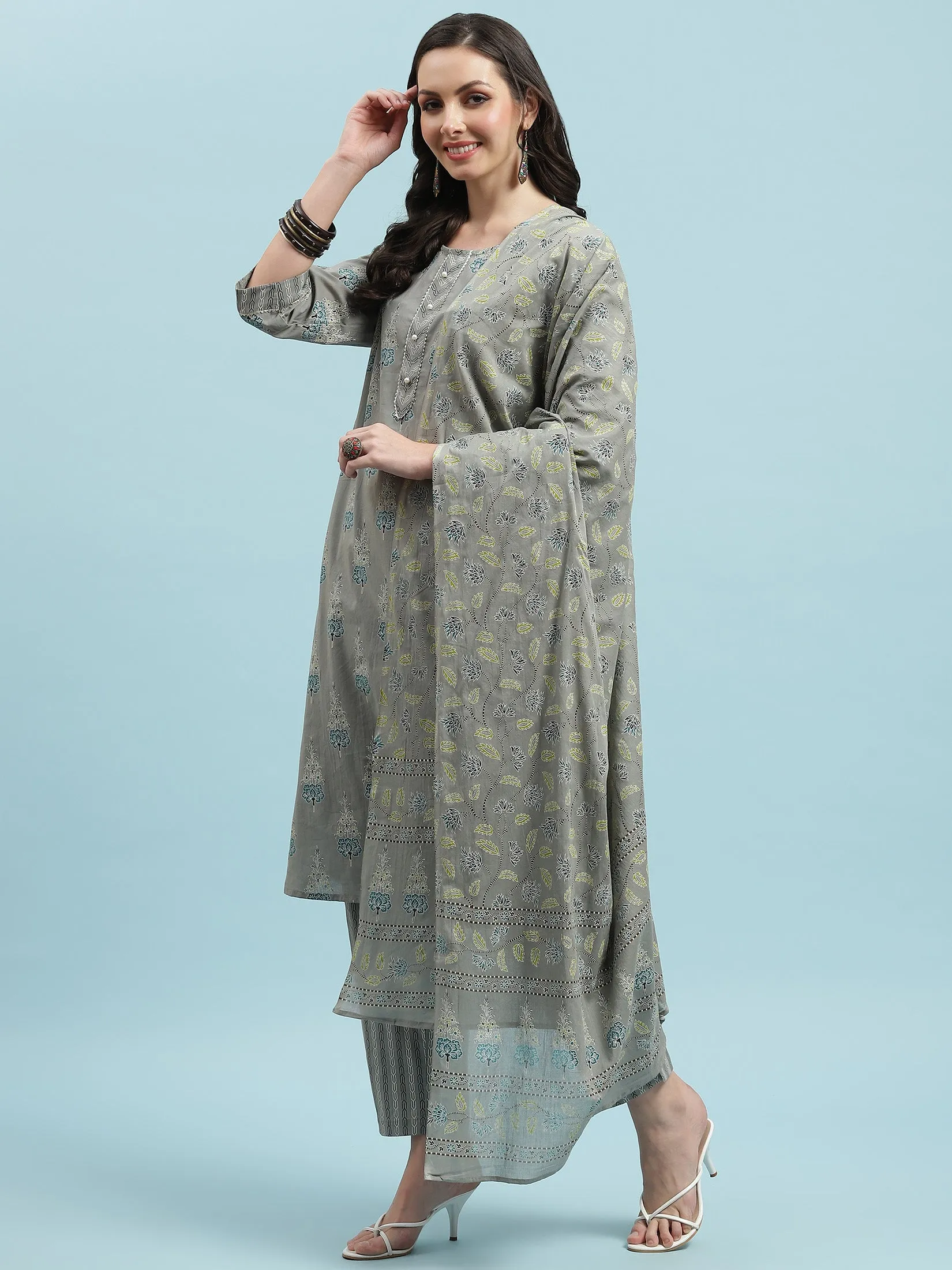 Indiessence Grey Floral Printed Kurta Trouser With Dupatta