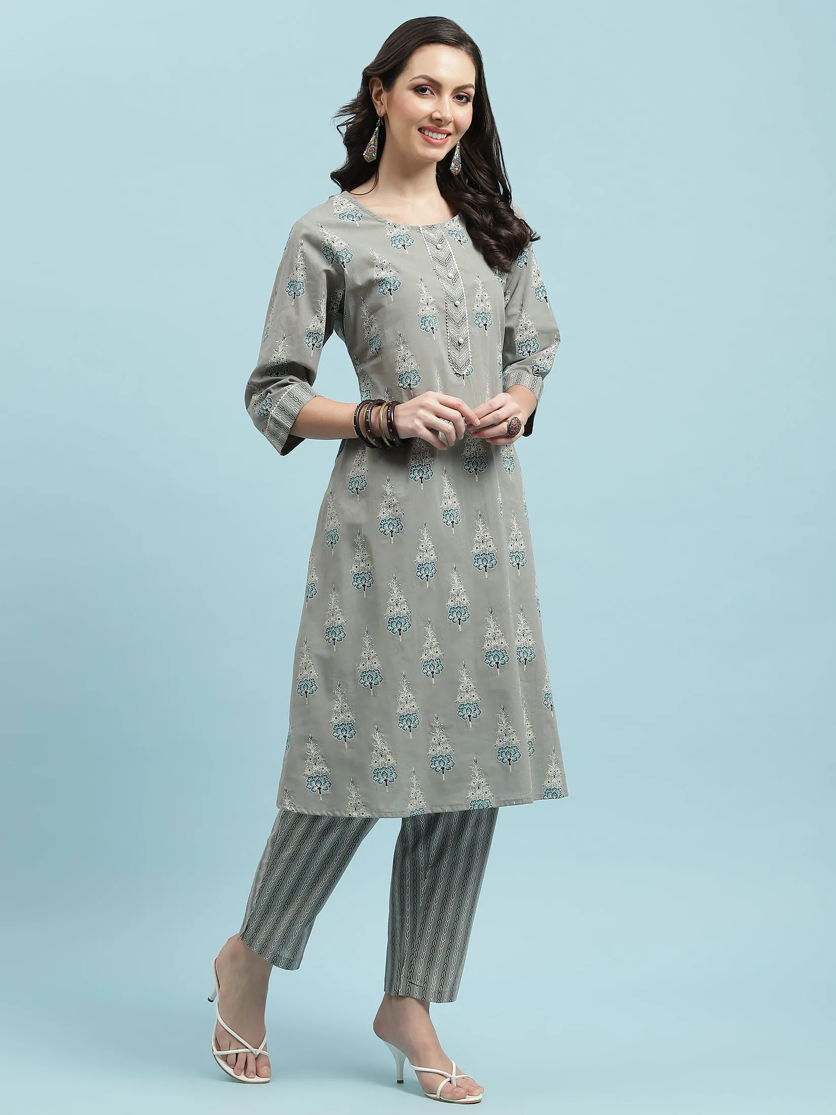 Indiessence Grey Floral Printed Kurta Trouser With Dupatta