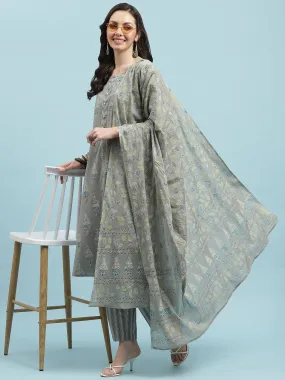 Indiessence Grey Floral Printed Kurta Trouser With Dupatta