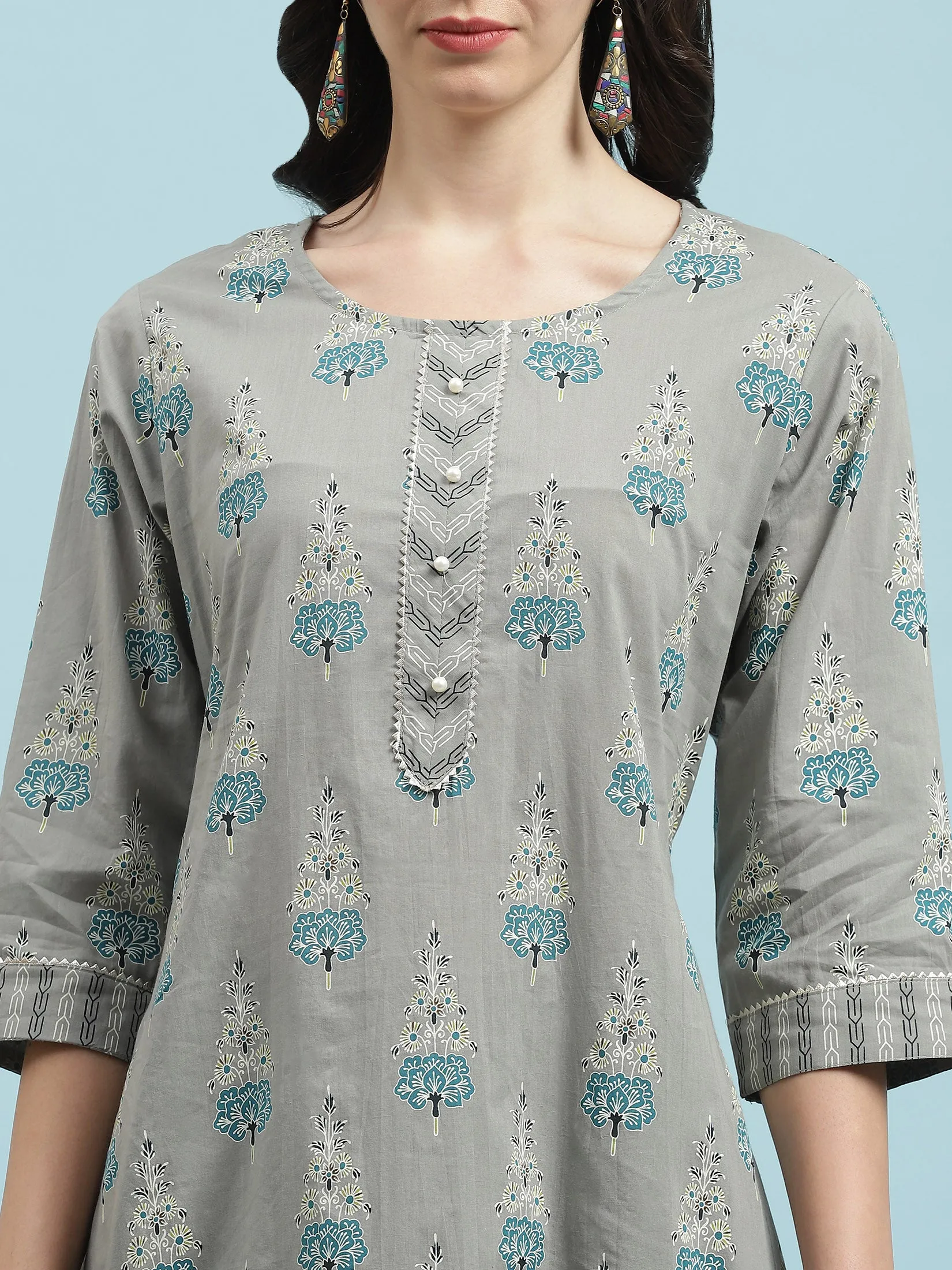 Indiessence Grey Floral Printed Kurta Trouser With Dupatta