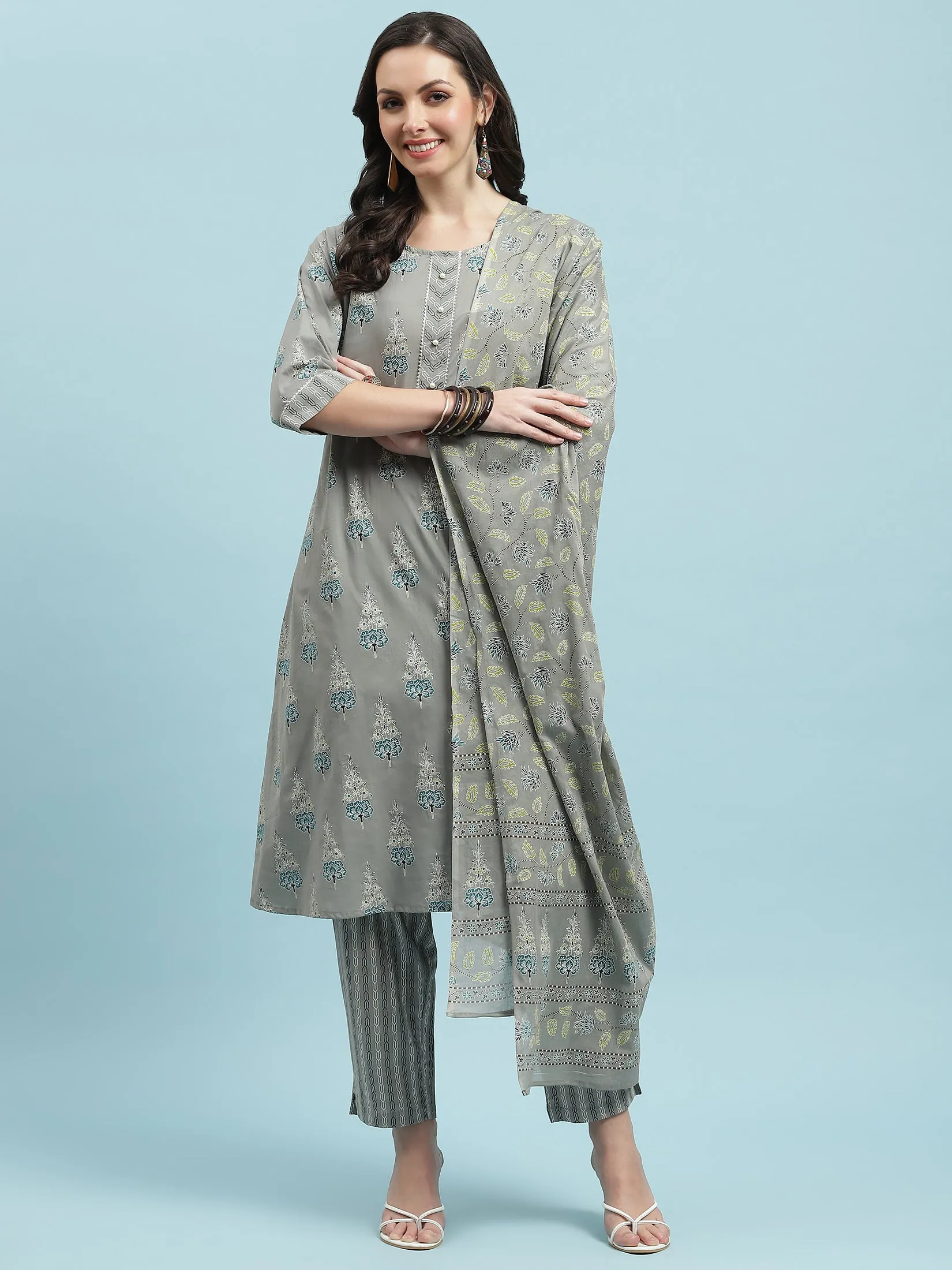 Indiessence Grey Floral Printed Kurta Trouser With Dupatta