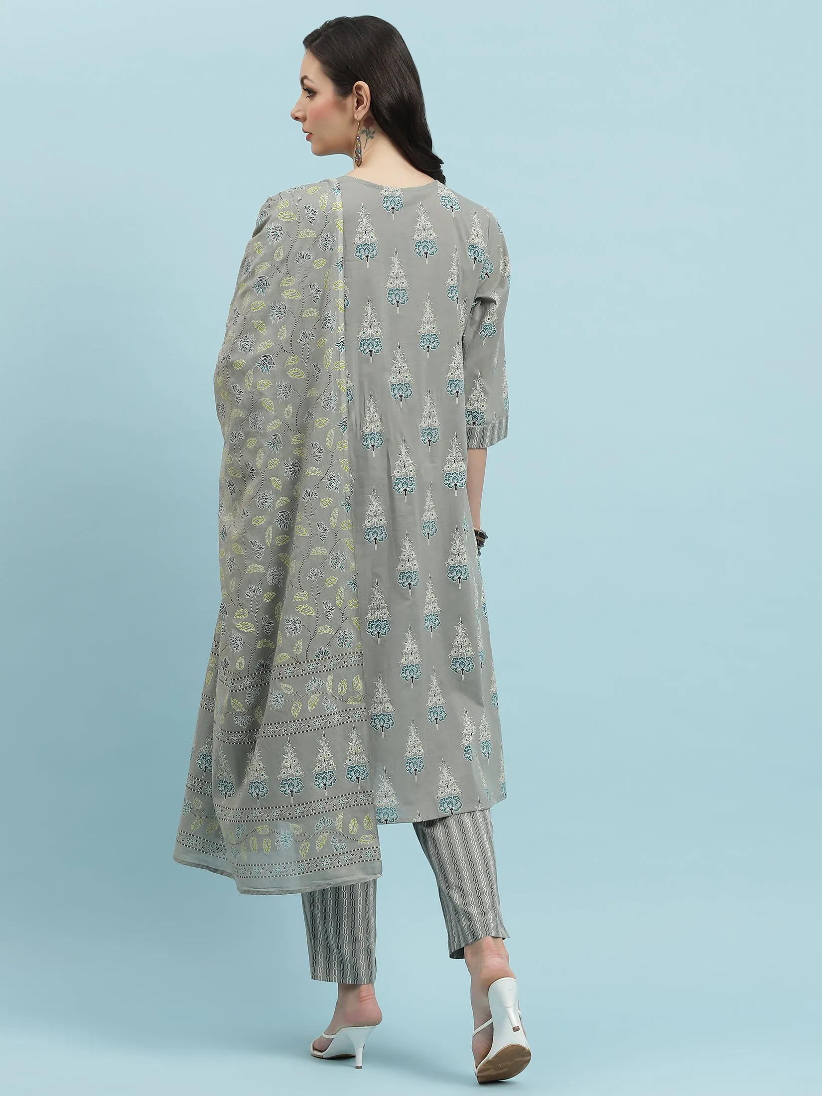 Indiessence Grey Floral Printed Kurta Trouser With Dupatta