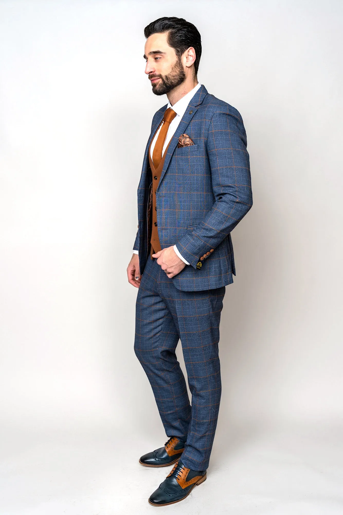 JENSON - Sky Blue Check Suit with Kelvin Tan Waistcoat