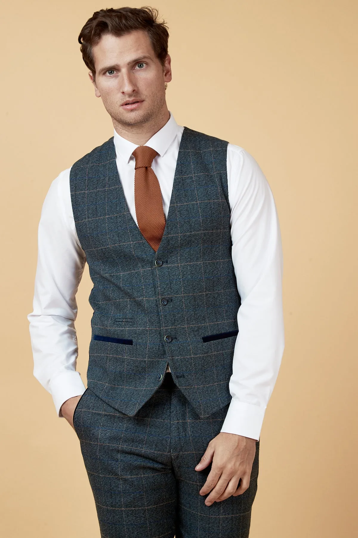 LEN SCOTT - Blue Tweed Check Waistcoat