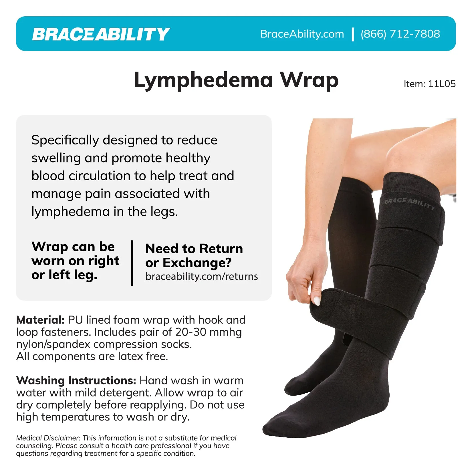 Lymphedema Leg Wrap | Compression Sleeve for Lower Extremity Swelling, Edema, Lymphatic Drainage (Pair of 20-30 mmHg Socks Included)