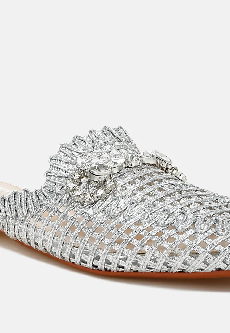 Metallic Woven Diamante Mules by RUW