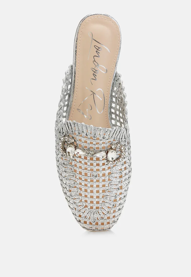 Metallic Woven Diamante Mules by RUW