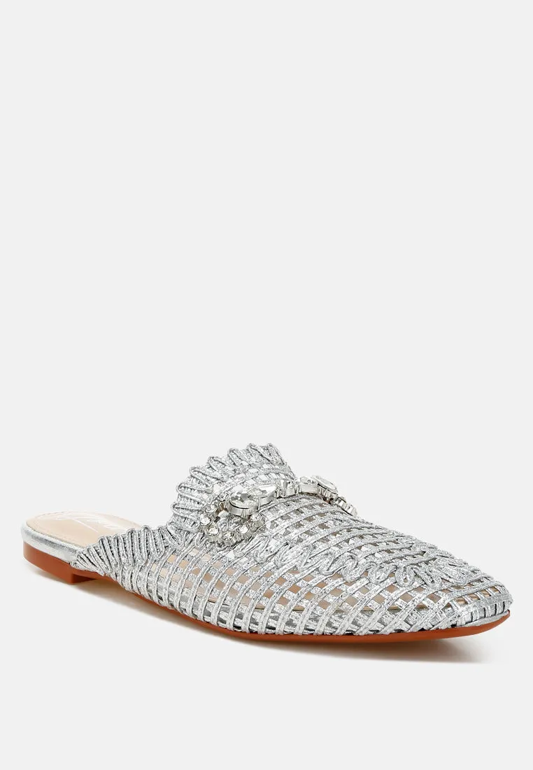 Metallic Woven Diamante Mules by RUW