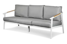 Porto 3 Seater in Arctic White Aluminium Frame with Teak Polywood Accent and Spuncrylic Stone Grey Cushions