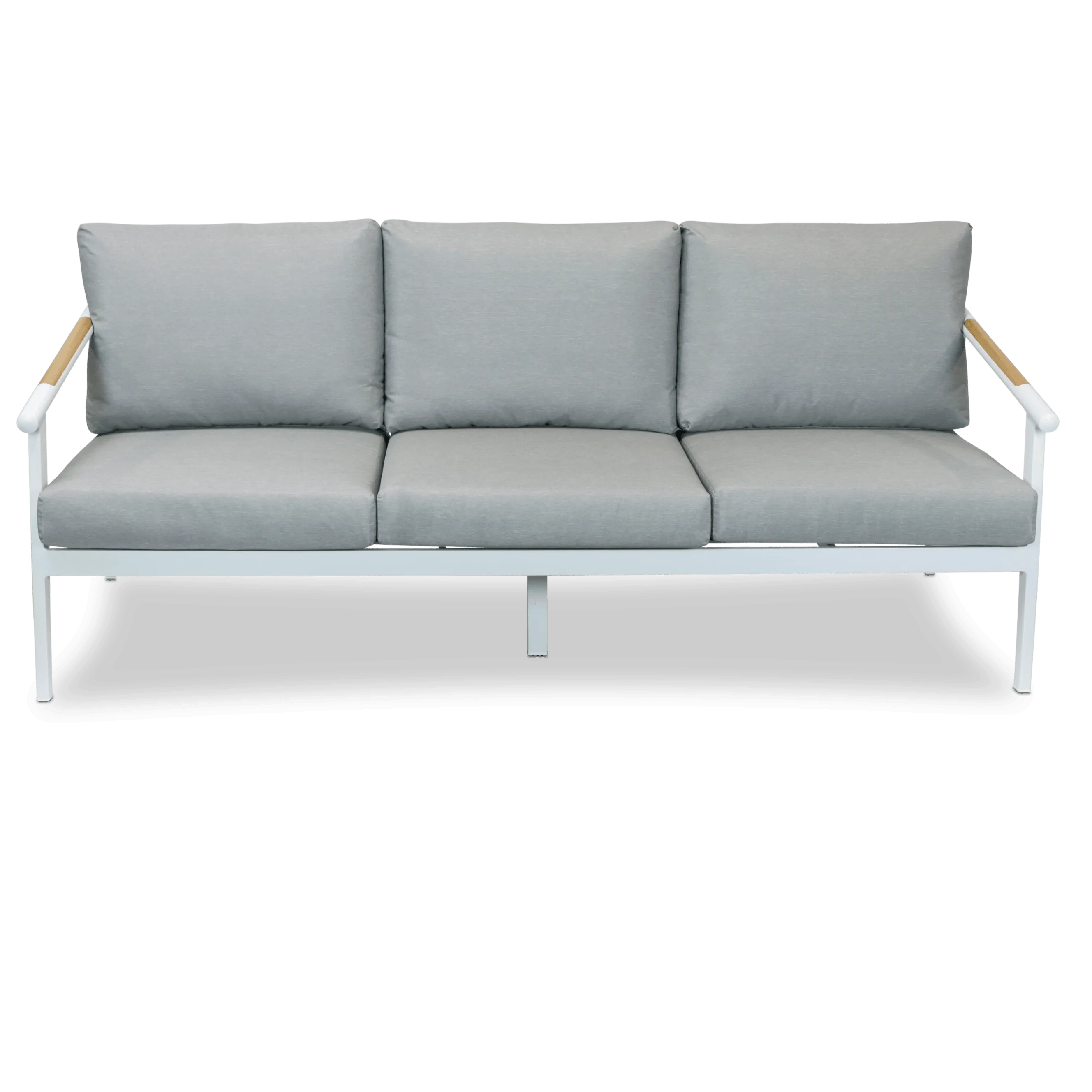 Porto 3 Seater in Arctic White Aluminium Frame with Teak Polywood Accent and Spuncrylic Stone Grey Cushions