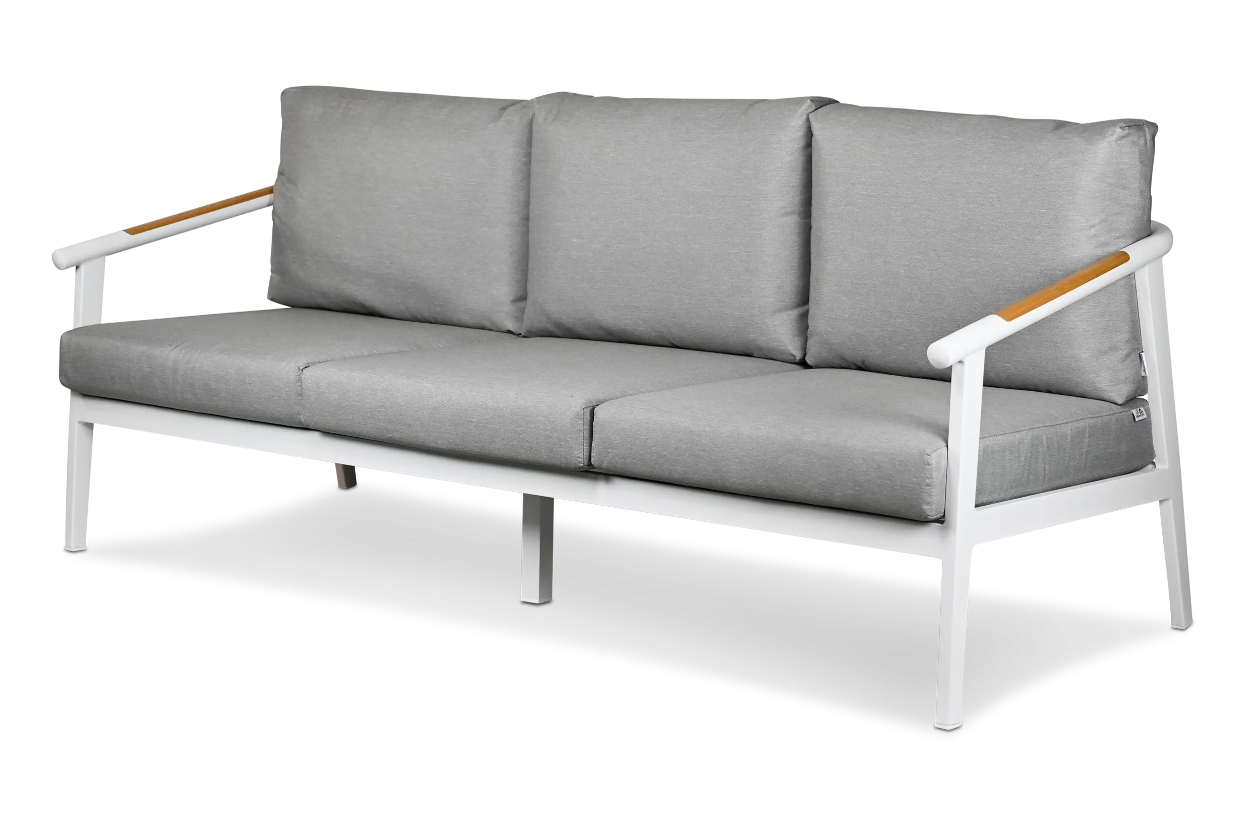 Porto 3 Seater in Arctic White Aluminium Frame with Teak Polywood Accent and Spuncrylic Stone Grey Cushions