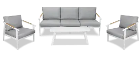 Porto 3 Seater with 2 x Armchair & Amalfi Coffee Table in Arctic White with Teak Polywood Accent and Spuncrylic Stone Grey Cushions