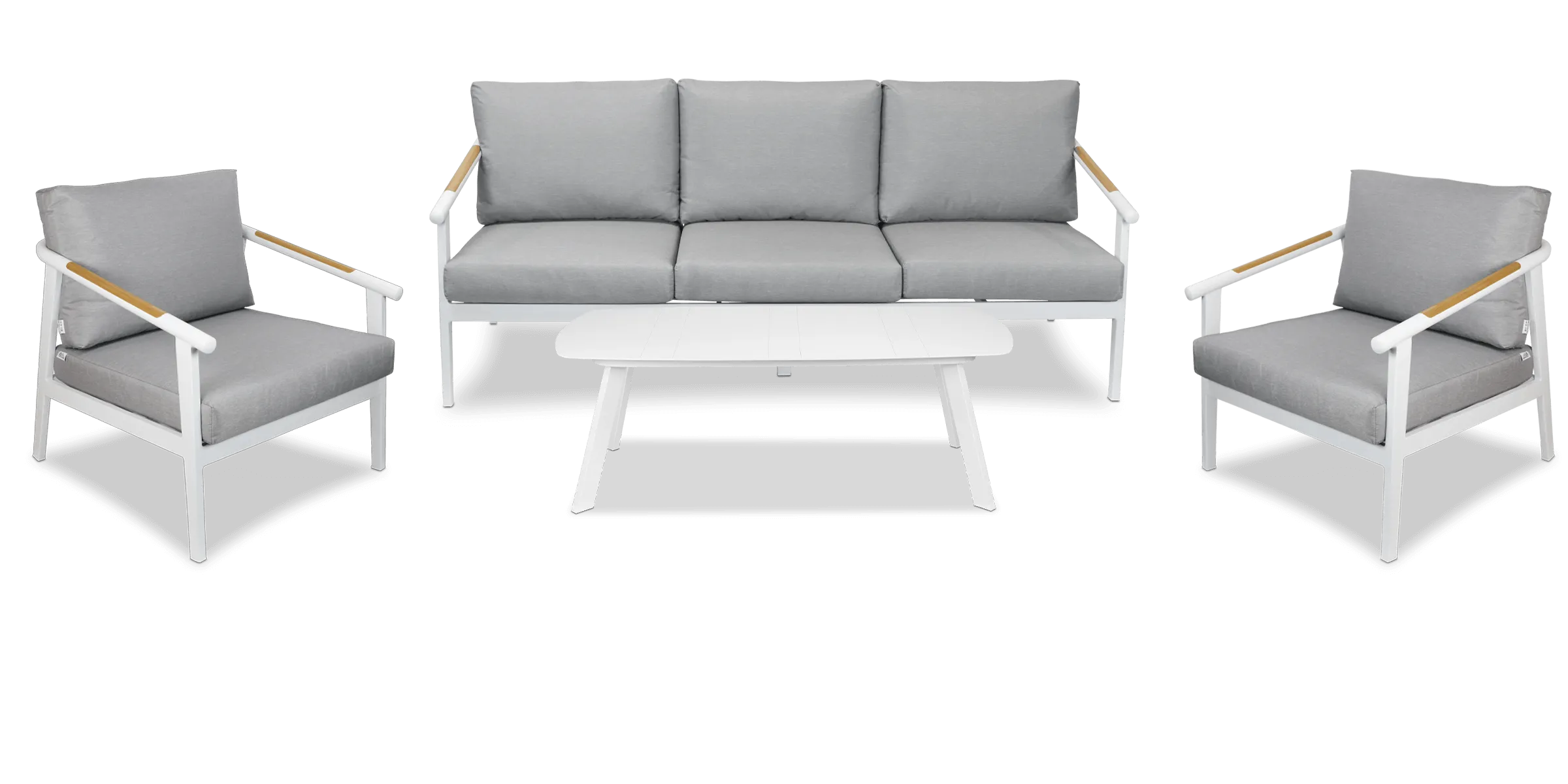 Porto 3 Seater with 2 x Armchair & Amalfi Coffee Table in Arctic White with Teak Polywood Accent and Spuncrylic Stone Grey Cushions