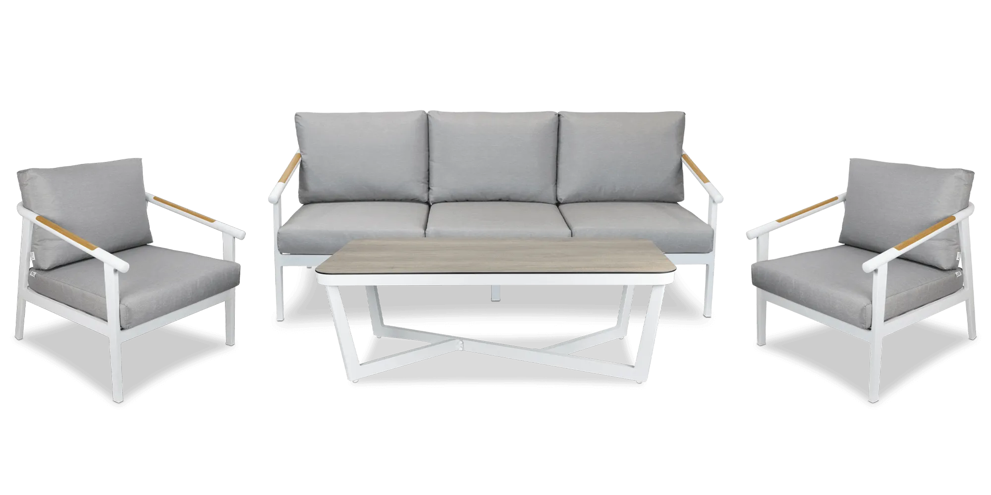 Porto 3 Seater with 2 x Armchair & Coffee Table in Arctic White with Teak Polywood Accent, HPL Table Top and Spuncrylic Stone Grey Cushions