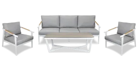 Porto 3 Seater with 2 x Armchair & Coffee Table in Arctic White with Teak Polywood Accent, HPL Table Top and Spuncrylic Stone Grey Cushions