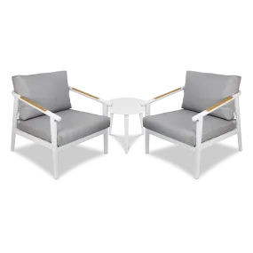 Porto & Santorini Large 3pc Occasional Set in Arctic White Aluminium Frame with Teak Polywood Accent and Spuncrylic Stone Grey Cushions