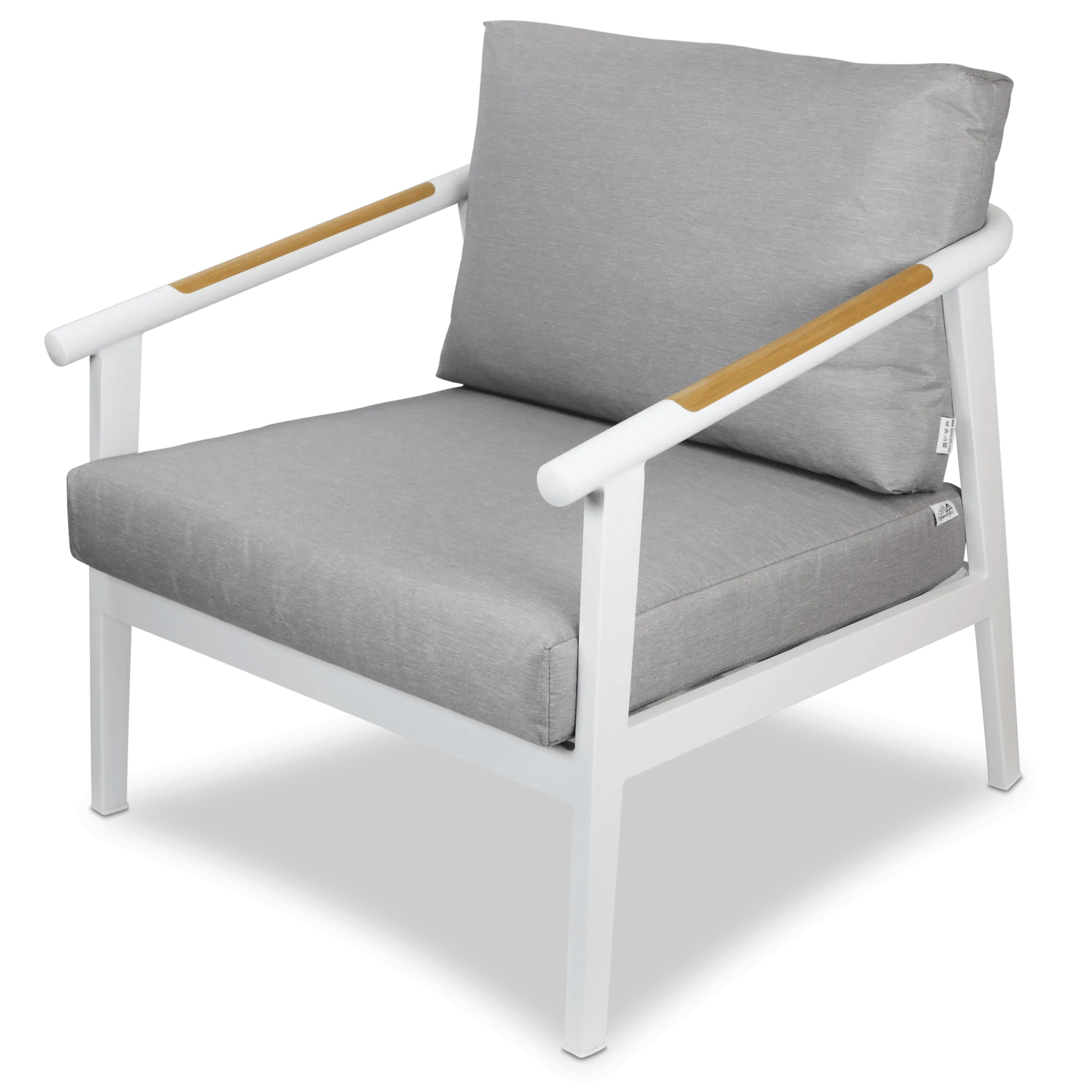 Porto Outdoor Armchair in Arctic White Aluminium Frame with Teak Polywood Accent and Spuncrylic Stone Grey Cushions